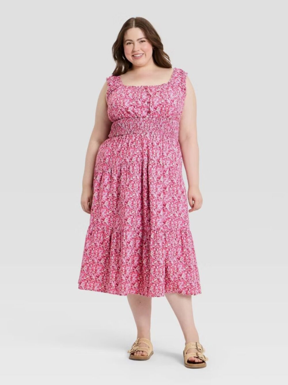 Women's Sleeveless Button-Front Smocked Maxi Empire Waist Dress - Universal Thre